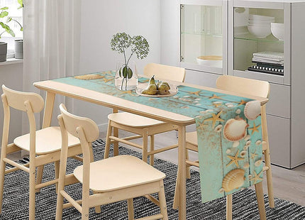 JanJCurt Starfish Seashell Table Runner, Summer Beach Nautical Coastal Rustic Farmhouse Wooden Plank Blue Ocean Table Runner for Dinning Holiday Party Indoor Outdoor Decor 13x36 Inch