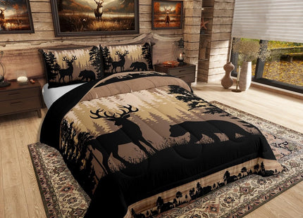Erosebridal Rustic Full Comforter Set Farmhouse Cabin Lodge Bedding Sets Hunting Wild Bear Deer Down Comforter for Kids Boys Teen Men Hunter,Country Woodland Pine Tree Wildlife Quilt Duvet 3 Pcs