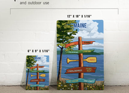 Lantern Press Maine, Signpost, Lake and Flowers, 12x18 Inch Aluminum Sign, Indoor or Outdoor Use