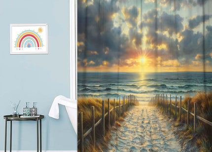 JAWO Coastal Sunset Beach Shower Curtain - Seaside Path Ocean Wave Scenery Waterproof Bathroom Curtain Decorative Bath Curtain for Bathroom Home Decor, 69X70 in