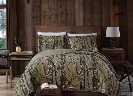 Chezmoi Collection Salem 3-Piece Cabin Lodge Forest Woods Pre-Washed Quilt Set - Nature Camo Tree Leaves Printed Soft Lightweight Microfiber Bedspread for All Season - Natural, King