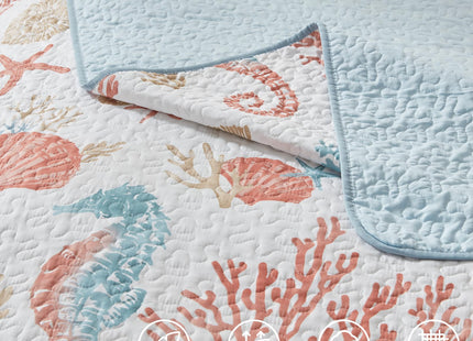 LEAONME Coastal Quilt Set Twin Size - Lightweight Microfiber Reversible Bedspread, 68''x86'', Coral, Includes 1 Sham