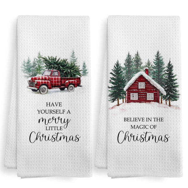 XNXLDYLH Rustic Winter Christmas Kitchen Towel and Dishcloths Sets of 2, Have Yourself a Merry Little Christmas Decor, Witner Red Truck Cabin Decor Hand Dish Tea Towels for Bathroom Kitchen, 16x24Inch