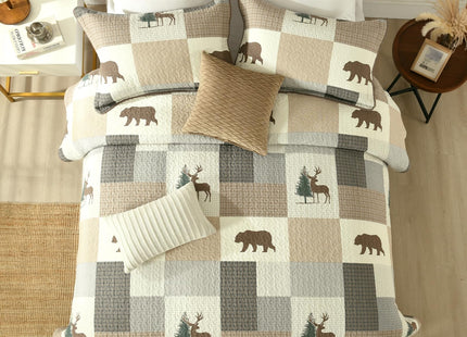 Finlonte 100% Cotton Lodge Cabin Farmhouse Quilt Sets for All Season, 3 Pieces - Brown Cream Lightweight Soft Quilt Bedspread