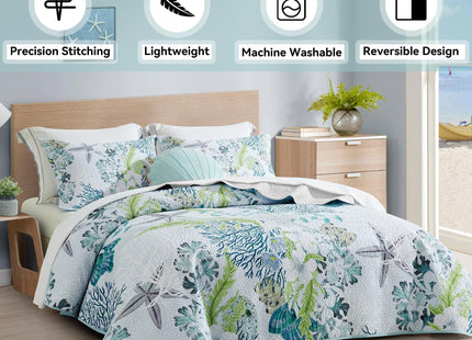 Tritard 3 Piece Coastal Beach Quilt Set King Size Ocean Beach Themed Bedding Set Microfiber Lightweight Bedspread Coverlet with 2 Shams Starfish Coral Seashell Bed Covers for All Season, 106''x96''
