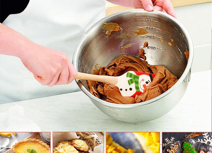 Silicone Spatula, Caliamary 3 Pieces Kitchen Silicone Spatula Set, Christmas Cake Decorating Spatula with Wooden Handle, Snowman Gingerbread Man and Santa Claus Pattern (Snowman)