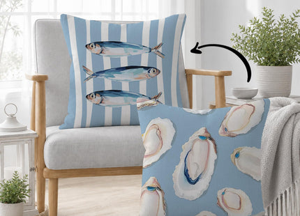 HIWX Blue Coastal Beach Sardine Fish Oyster Pillow Covers 18x18, Coastal Beach Room Decor, Beachy Marine Biology Decorative Pillow Covers for Couch Bed Home Bedroom Living Room Decor 1 Pack