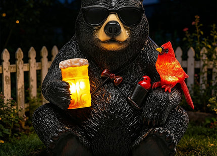YHSOLAR Solar Black Bear Statue for Garden with Beer and Cardinals