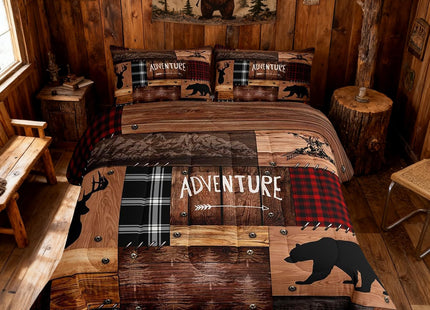 Cabin Home Comforter Sets King Size Hunting Bear Deer Animals Theme Quilted Duvet 3pcs for Boys Men Teens Kids Bedroom Decor Brown Wooden Rustic Farmhouse Style Bedding Sets Patchwork Plaid Bedspread