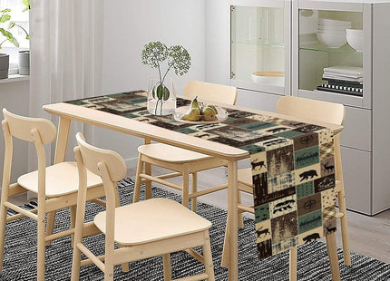 Country Rustic Farmhouse Deer Table Runner Tabletop Cover Vintage Cabin Bear Mountain Hunting Wild Animal Plaid Checkered Printed for Kitchen Dining Room 13x72 Inch