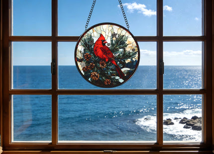 Funoasis Stained Glass Window Hanging 6.3 Inches Suncatcher - A Red Bird Stands On A Pine Tree Covered in Pinecones Ornaments Sun Catcher Home Decor Women Birthday
