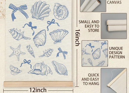 KAOWT Blue Coastal Beach Seashell Wall Art Poster Framed, Ocean Beachy Room Decor Aesthetic, Blue Coquette Bow Seashell Canvas Wall Art Prints for Girly Home Bedroom Decor, 12x16 Inches