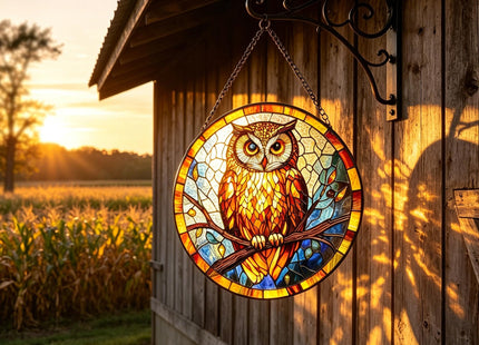 Stained Glass Owl Suncatcher, 7.8’’ Bird Window Hanging Gift for owl Lovers