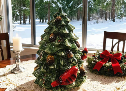 FORLONG Ceramic Christmas Tree Cookie Jar with Lid, Cardinal Bird Decor, Kitchen Food Storage Canister