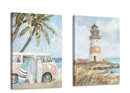 ARTISTIC PATH Ocean Beach Lighthouse Canvas Wall Art 11"x16"x2 PCS