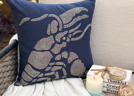 The HomeCentric Throw Pillow Cover 22x22 inch (55x55 cm) Navy Blue Pillow Cover, Beaded Lobster Sea Creatures Ocean Beach Theme Linen Throw Pillow Cover, Floral Mediterranean - Lobster At The Shore