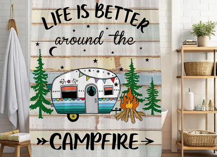 JAWO RV Camper Shower Curtain, Life is Better Around The Campfire Retro Wood Plank Camper Trailer Pine Tree Print Waterproof Fabric Curtain for RV Bathroom Camping Themed Home Decor, 47X64inch