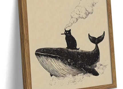 Framed Funny Black Cat and Whale Canvas Wall Art, Whimsical Minimalist Animal Painting Wall Decor, Smoking Kitty Ocean Poster Print Picture for Bedroom Living Room Bathroom Home 16x16 Inch
