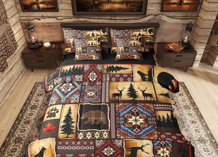 Erosebridal 7 Piece Rustic Cabin Plaid Comforter Set Queen,Rustic Farmhouse Aztec Bedding Sets For Kids Teens Men,Retro Hunting Wild Animals Bed in a Bag With Sheets,Country Woodland Pine Tree Bed Set