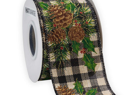 HATIANGE Pinecone Christmas Burlap Ribbon with Black White Plaid Wired Ribbon, 2-1/2 Inch x 11Yards, for Xmas Home Decor, Gift Wrapping, Bow Making, Wreath, DIY Crafts