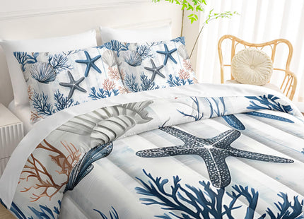 QOOMO Coastal 7 Pieces Comforter Set Full Size,Coral Starfish Bedding Set