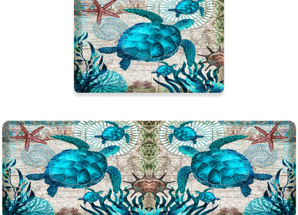 Sea Turtle Kitchen Rug Sets of 2,Anti Fatigue Cushioned Kitchen Rugs and Mats Coastal Bathroom Runner Rug Blue Turtles Beach Ocean Teal Marine Animal Nautical Floor Mat Non-Slip Washable Chef Sink Mat