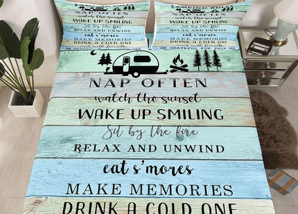 Camping Decor Bed Sheets for Rv Camper, Camper Rules Fitted Sheet Full, Lake Camper Door Bedding Set for Kids Teens Adult Bedroom, Rustic Farmhouse Sheets Cabin Decor with 2 Pillow Cases