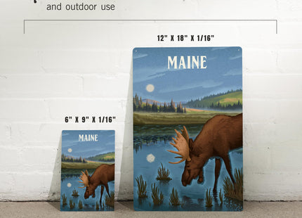 Lantern Press Maine, Lithograph, Reflection Pond and Bull Moose, 12x18 Inch Aluminum Sign, Indoor or Outdoor Use
