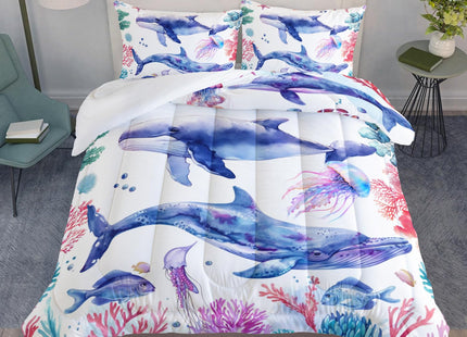 XYNHML Whale Jellyfish Shark Bedding Dolphin Coral Comforter 3Pcs Twin Underwater Fish Starfish Quilt Set for Kids Teens Girls Boys Clownfish Seaweed Bed Decor Set with 1 Comforter and 2 Pillowcases