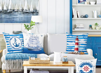 Bonhause Nautical Sailing Throw Pillow Covers 18 x 18 Inch Set of 4 Blue Anchor Lighthouse Sailboat Decorative Throw Pillow Cases Soft Velvet Outdoor Cushion Covers for Sofa Car Bedroom Home Decor