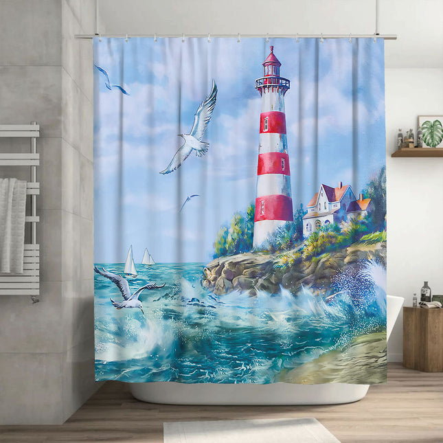jamie world Coastal Nautical Shower Curtain Lighthouse Ocean Shower Curtains Beach Seasides Shower Curtain Quick-Drying Polyester Fabric Bathroom Decor with Plastic Hooks 60x72 Inches