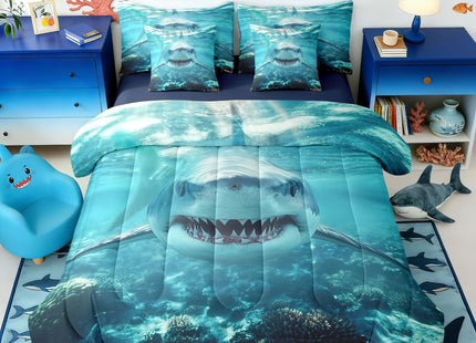Erosebridal Shark Comforter Set Twin 3D Shark 7 Piece Bedding Set for Kids,Marine Ocean Animal Bedding Sets Shark Fish Reversible Room Decor Underwater Ocean World Quilt with Flat Fitted Sheet