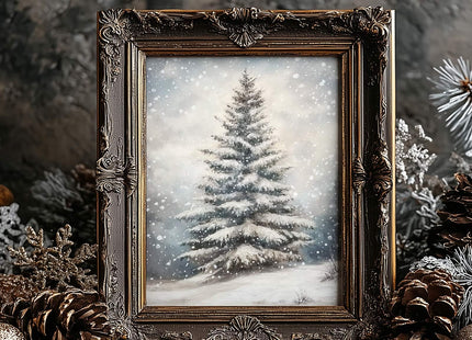 Christmas Wall Art, Vintage Christmas Tree Picture, Snowy Pine Tree Print
