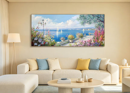 Oversized French Coastal Flower Sailboat Canvas Wall Art Framed Pastel