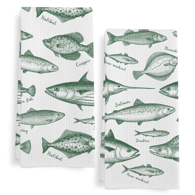 GWFSJYU Fish Coastal Kitchen Towels Set of 2, Fish Gifts for Fishing Lovers, Green Fishes Dish Tea Towels for Kitchen, Summer Fishing Decorative Hand Towel for Bathroom, Fishes Bathroom Decor, 16x24