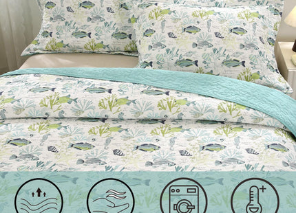 SUCSES King Size Quilt 3 Pieces Pre-Washed Cotton Coverlet Reversible All Season Lightweight Oversized Bedspread Summer Ocean Coral Print Quilt Bedding with 2 Pillow Shams