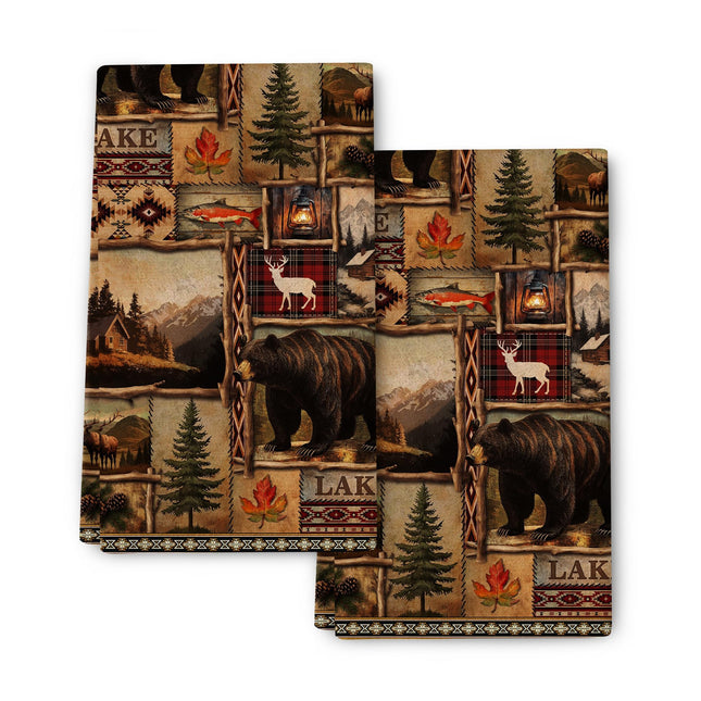 Pintukee Vintage Rustic Kitchen Dish Towels Decorative Set of 2, Soft Absorbent Bear Mountain Hand Towels for Kitchen Farmhouse Holiday Home Country Cabin Decor