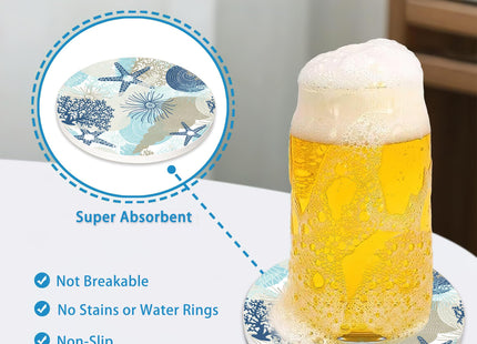 Seashell Coasters Set of 4, Starfish Beach Theme Round 4" Cup Coasters with Cork Base, Absorbent Ceramic Stone Coaster for Table Home Décor, Ideal Gifts for Women Men