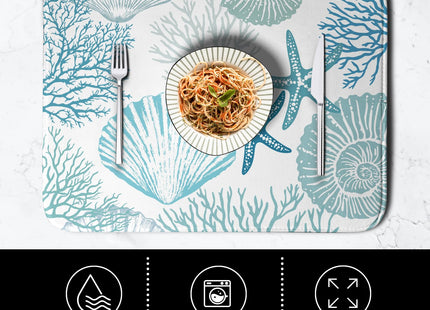 Summer Teal Dish Drying Mat for Kitchen Counter Nautical Coastal Blue Dishes Drainer Mats Turquoise Beach Coral Seashell Starfish Ocean Absorbent Microfiber Dish Draining Pad 18x24 Inch