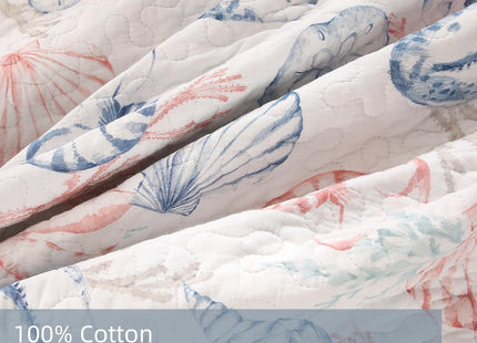 SUCSES 100% Cotton Coastal Quilts Bedding 3Pcs King Ocean Blue Quilt Nautical Conch Summer Comforter Reversible Lightweight Bedspread Coverlet with 2 Pillow Shams for All Season