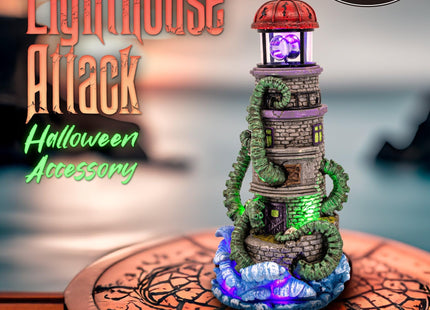 FG Square Lighthouse Attack Kraken Theme Spooky Halloween Village Multi-Color LED Lights, Animated Rotating Food Light and Music 6" x 5.5" x 12"