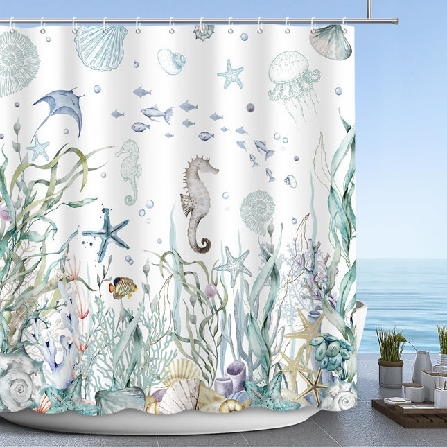 MEHOFOND Nautical Shower Curtain Coral Seashell Beach Shower Curtains for Bathroom Decor Under The Sea Themed Bathroom Shower Washable Durable Fabric Shower Curtains 72x72 in