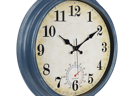 Horizent Large Outdoor Clocks Waterproof with Thermometer Combo Rustic Coastal Wall Clock Decor for Bathroom Patio Pool (16 Inch,Blue)