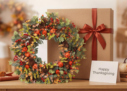 Pudate Fall Wreath 22 Inch Eucalyptus Pinecone Pumpkin Front Door Décor