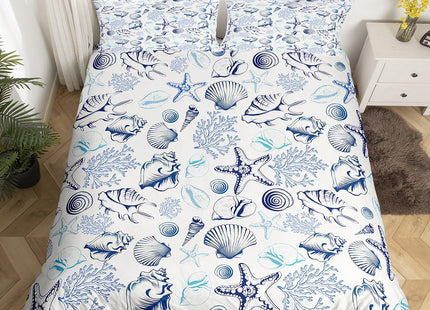 Coastal Duvet Cover Set Full Size,Beach Seashell Starfish Coral Bedding Set 3Pcs,Sea Ocean Theme Comforter Cover for Kids Teens Adult Bedroom Decor,Navy Sketch Nautical Quilt Cover,2 Pillowcases