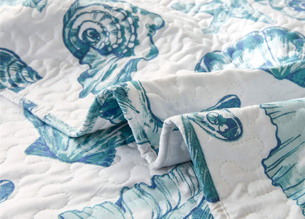 Coastal Beach Theme Quilt Set Full/Queen Size Lightweight Ocean Coral Bedding Seashell Conch Starfish Bedspread Coverlet Reversible Nautical Bed Cover with 2 Pillow Shams