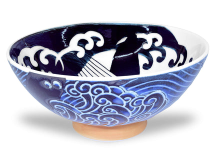 Mino Ware Japanese Rice Bowl, Rice Ramen Noodle Soup Sarada Pasta, Wave Whale Chawn, 5.7 inch 17.5oz Set of 2