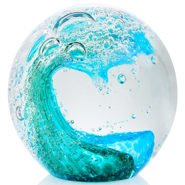 YWHL Blue Glass Ocean Wave Ball, Sea Glass Paperweight, Coastal Home Decor