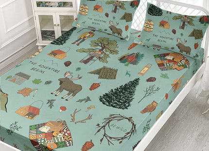 Datura home Woodland Camping Sheets Set 4Pcs for Kids,Cartoon Cabin Trip Wild Adventure Print Sheet Set with 1 Flat Sheet and 1 Fitted Sheet + 2 Pillowcases(Woodland Camping Queen)