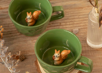 DIHOclub Farmhouse Ceramic Coffee Mug with Squirrel Figurine – Rustic Stoneware Cup, Matte Finish, Ideal for Breakfast & Home Decor (Green Squirrel)